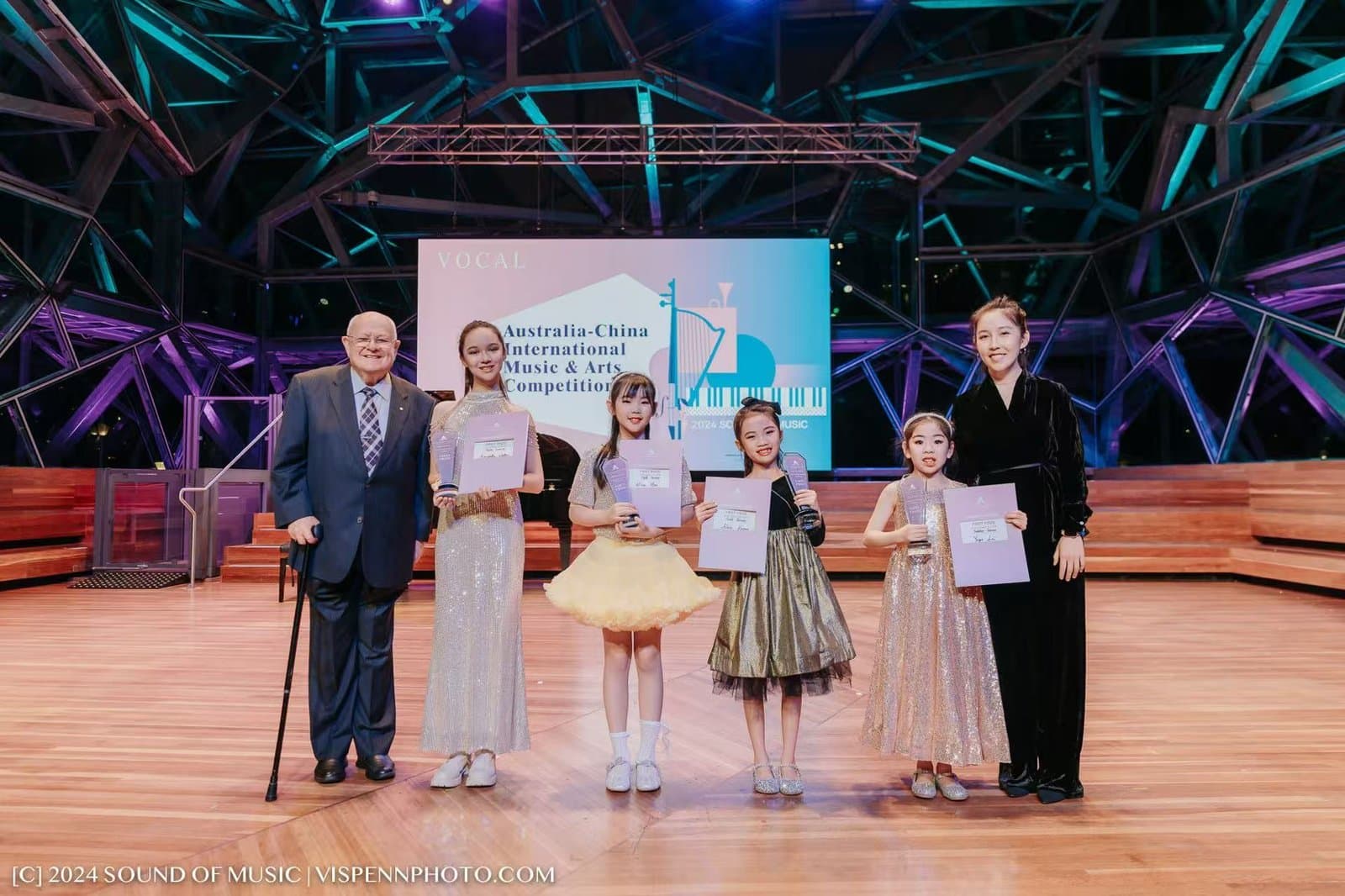 Award recipients lined up across the stage with the adjudicators after the ceremony