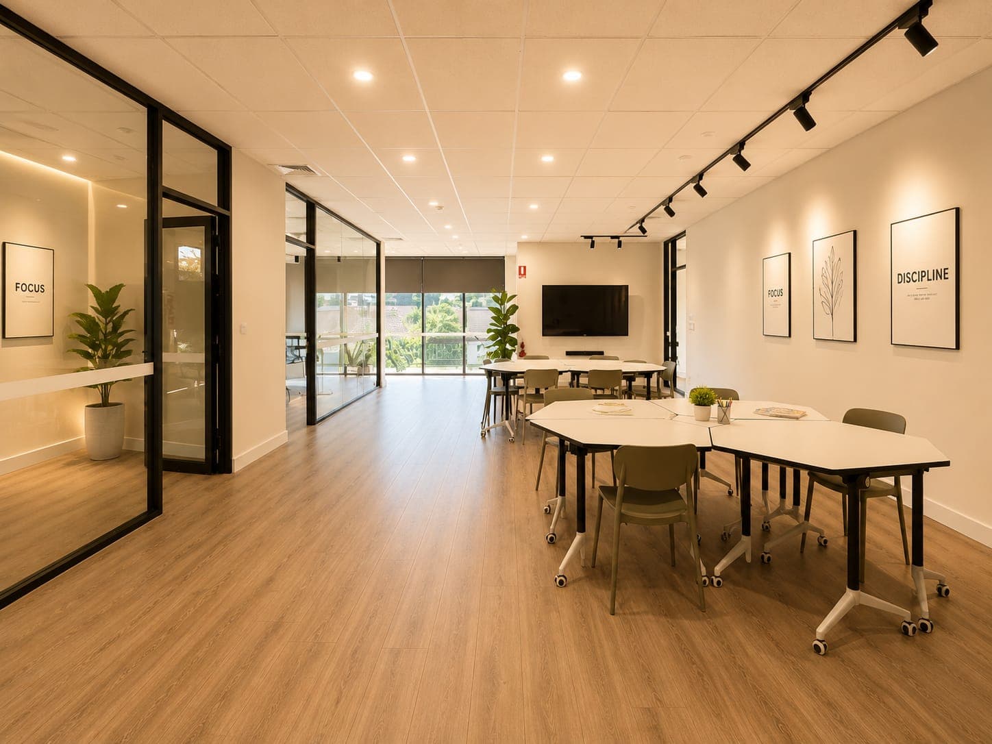 A teaching room of hexagonal tables on castors facing a wall-mounted screen, with the glazed corridor running past it