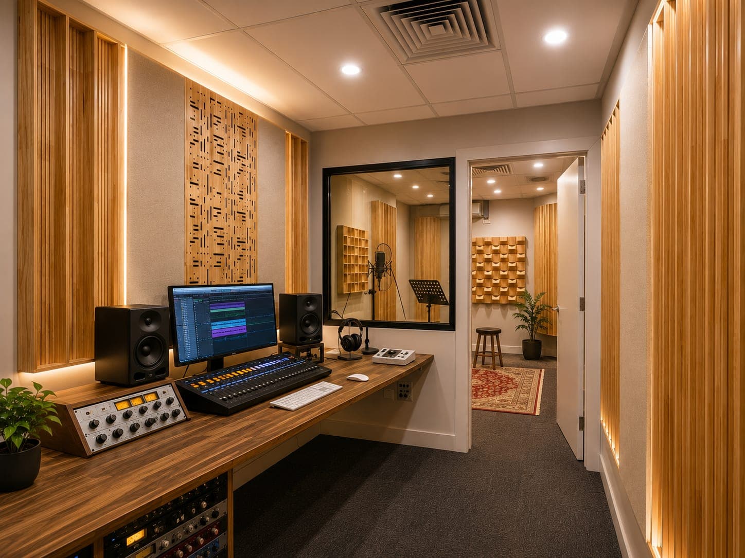 The recording studio: a control desk with monitors, a mixing surface and outboard racks, looking through the glass into the vocal booth