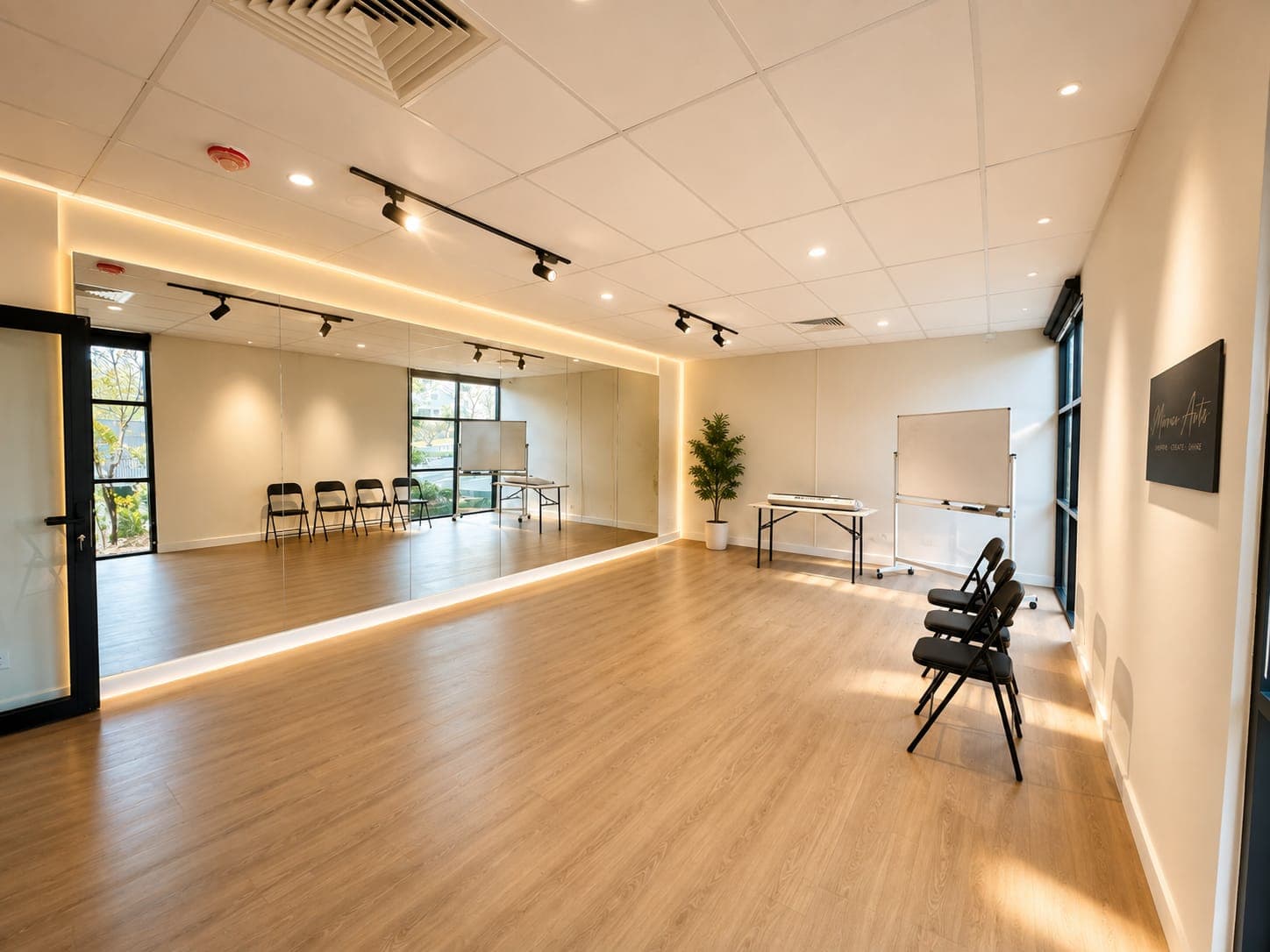 A rehearsal studio with a full mirrored wall, track lighting overhead, a keyboard on a stand and folding chairs set out for a class