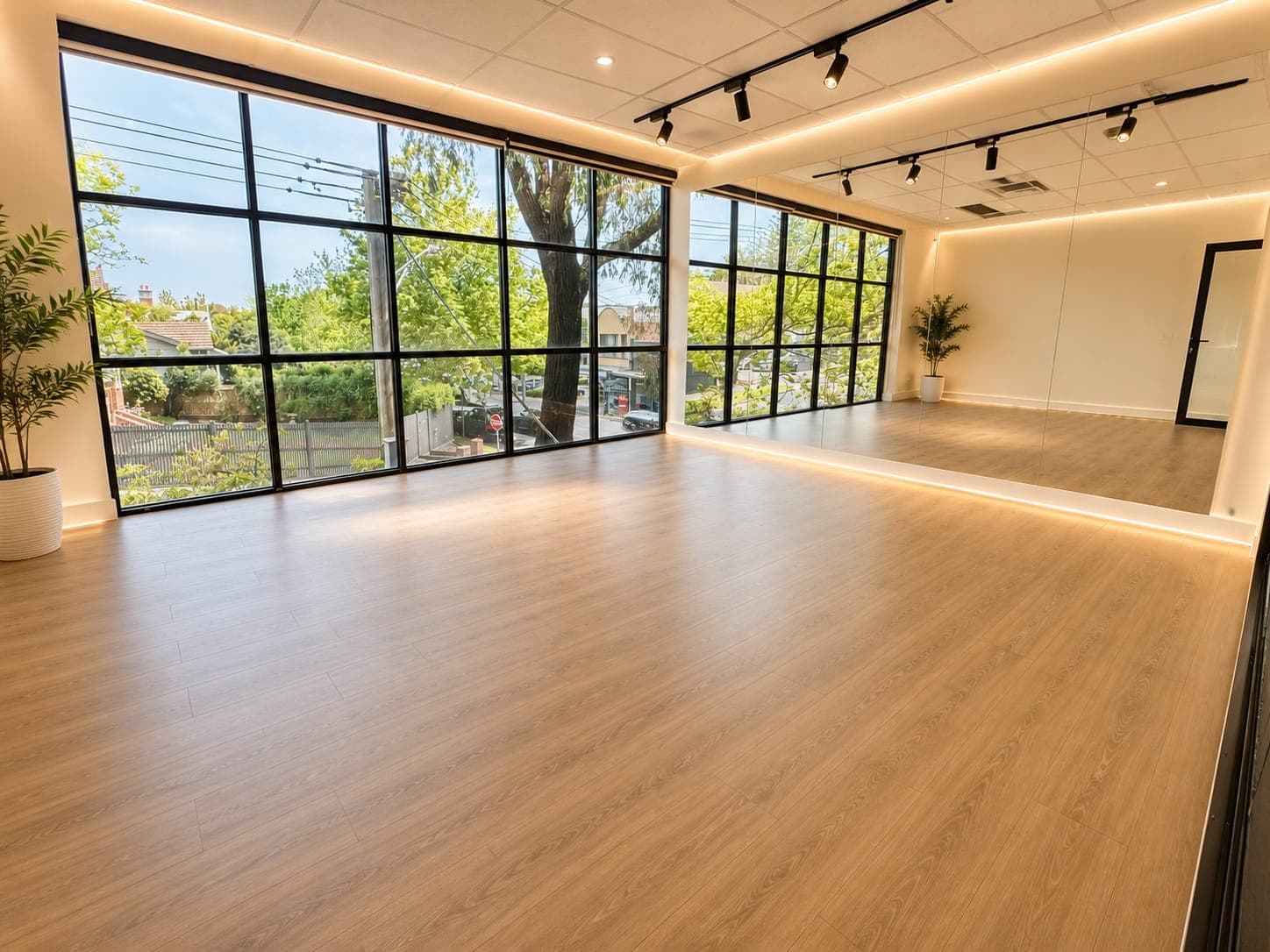 A corner studio with mirrored walls meeting a two-storey window that runs the length of the room, looking out into the tree canopy over Canterbury Road