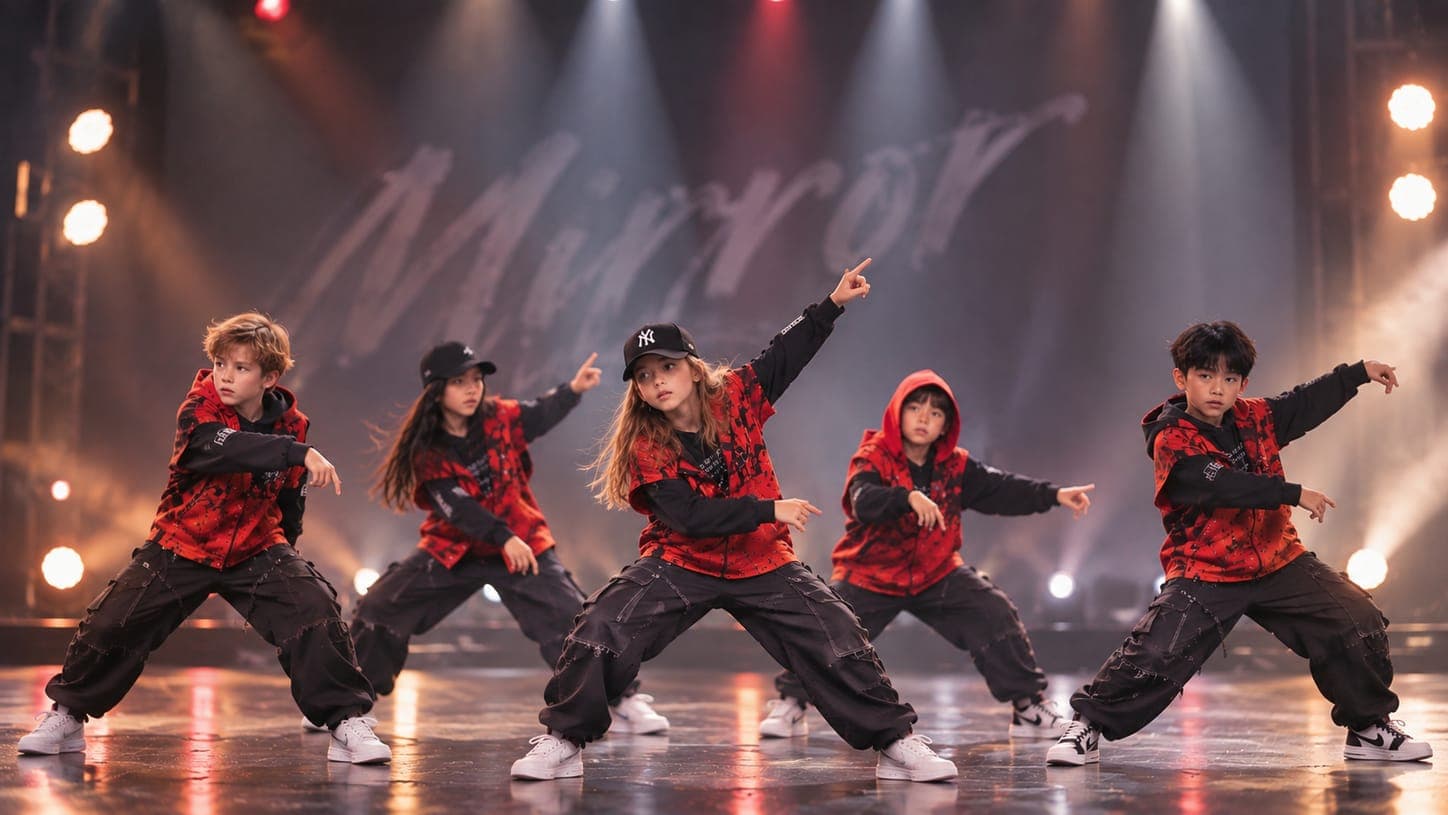 Five children in red and black streetwear mid-pose on a smoke-lit stage under the Mirror backdrop
