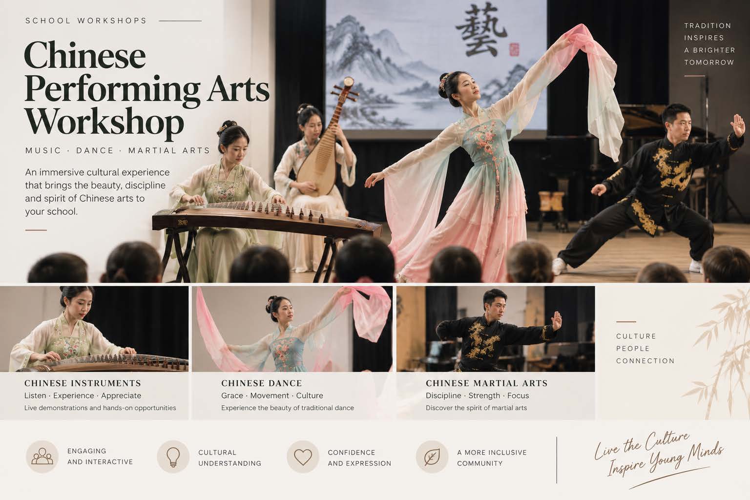 Chinese performing arts workshop poster with traditional musicians, a dancer and a martial artist.