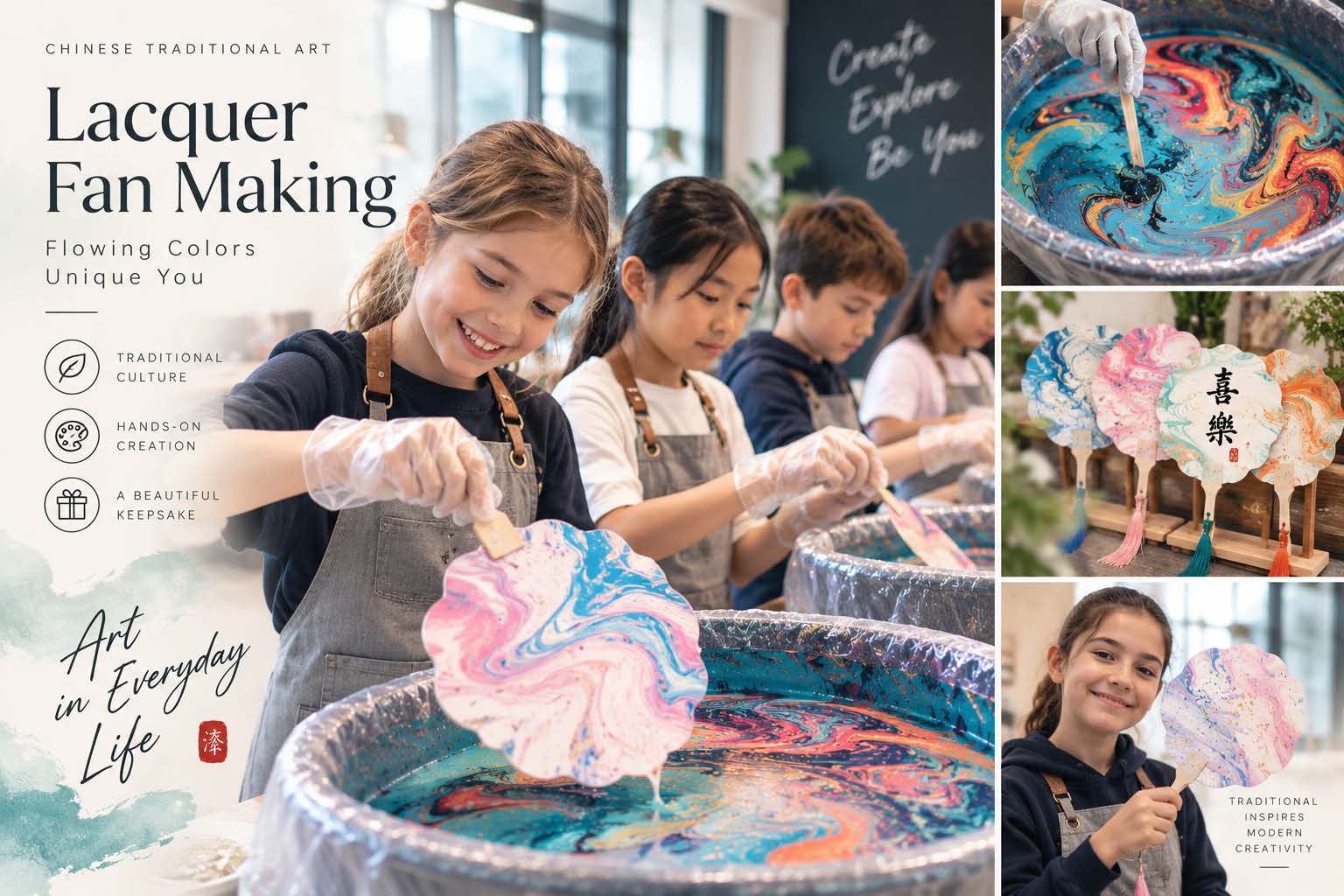 Lacquer fan workshop poster showing colourful marbled fans and children making their own designs.