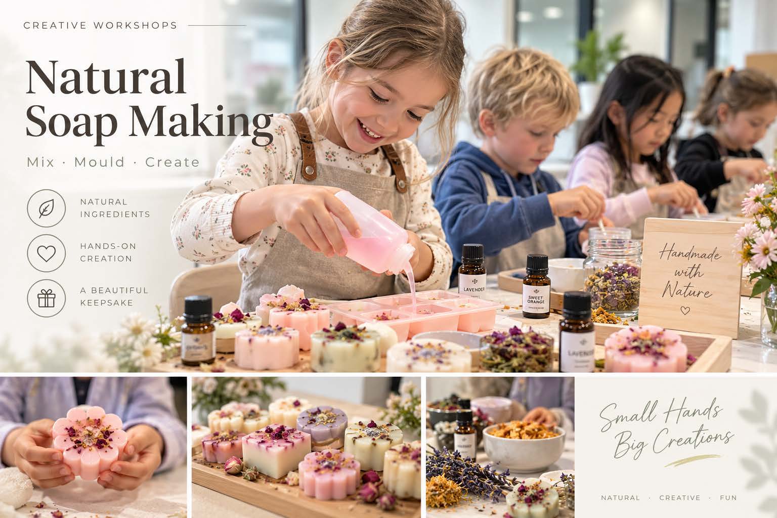 Natural soap workshop poster showing children pouring floral soaps into moulds and finished handmade soaps.