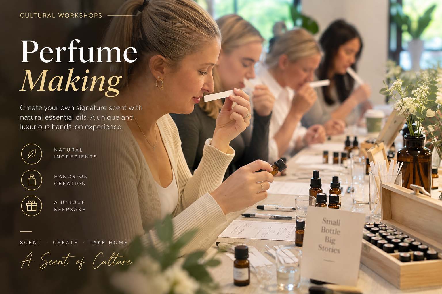 Perfume workshop poster showing participants exploring fragrances and essential oils.