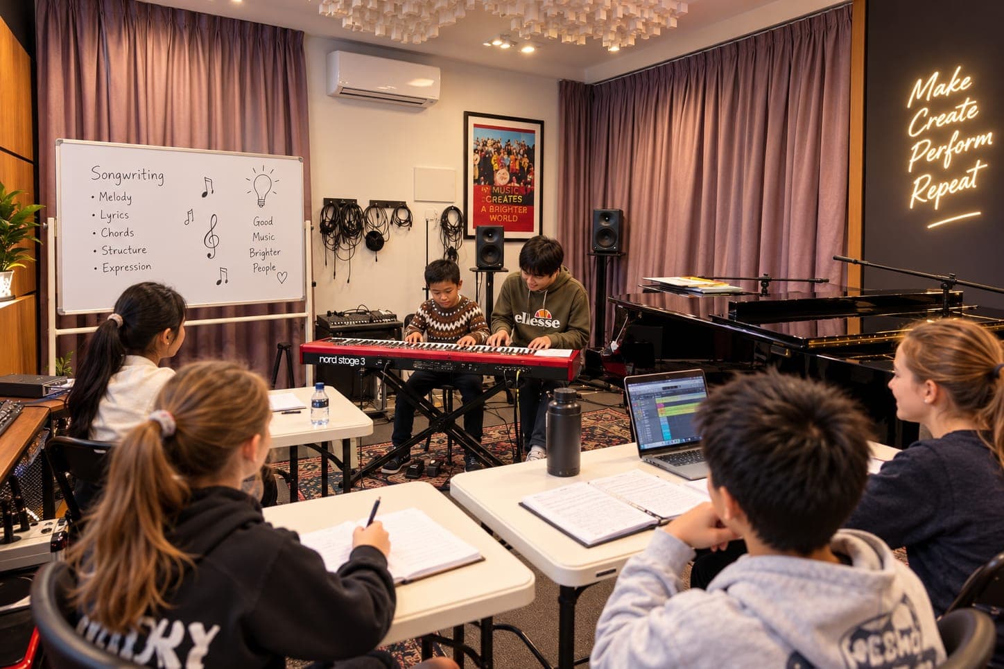 A songwriting class: two students at a stage piano and keyboard at the front of the room, the rest watching from tables, with melody, lyrics, chords, structure and expression listed on the whiteboard