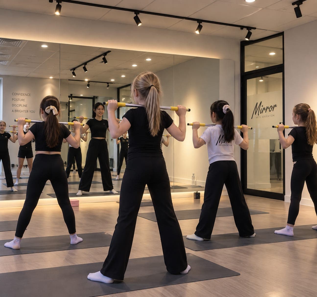 A posture class working with weighted bars across the shoulders, facing the mirrored wall of the Surrey Hills studio