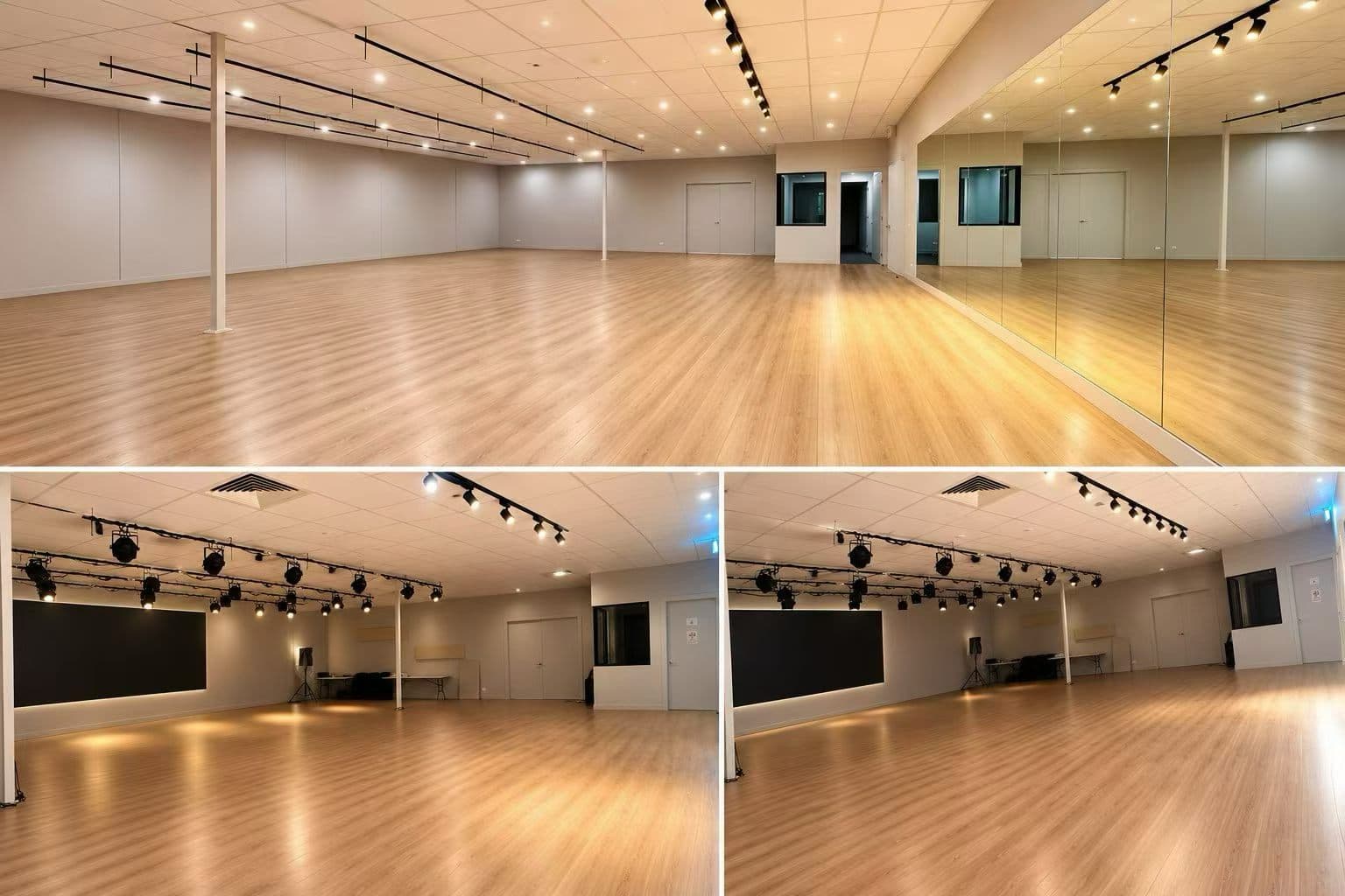 Three views of the function room: the full hall with a mirrored end wall and sprung timber floor, and two smaller views of the same room under stage lighting with black drapes and a lighting rig